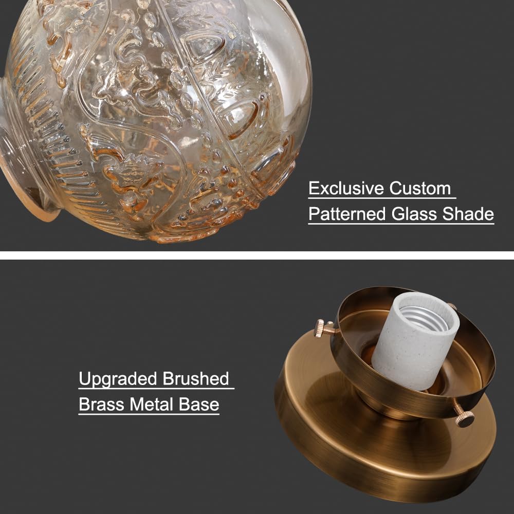 Semi Flush Mount Ceiling Light, Gold Vintage Kitchen Ceiling Lighting Fixture, Amber Globe Glass Close to Ceiling