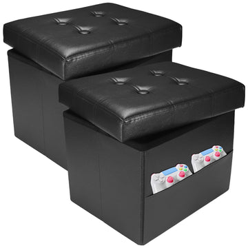 2PC Ottoman with Storage, 17" Leather Folding Foot Rest Stool, Black