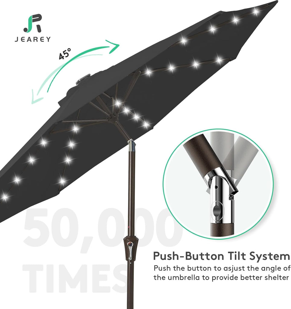 9FT Outdoor Patio Umbrella with Solar Lights, LED Lighted Pool Umbrella with Tilt and Crank - Jet Black