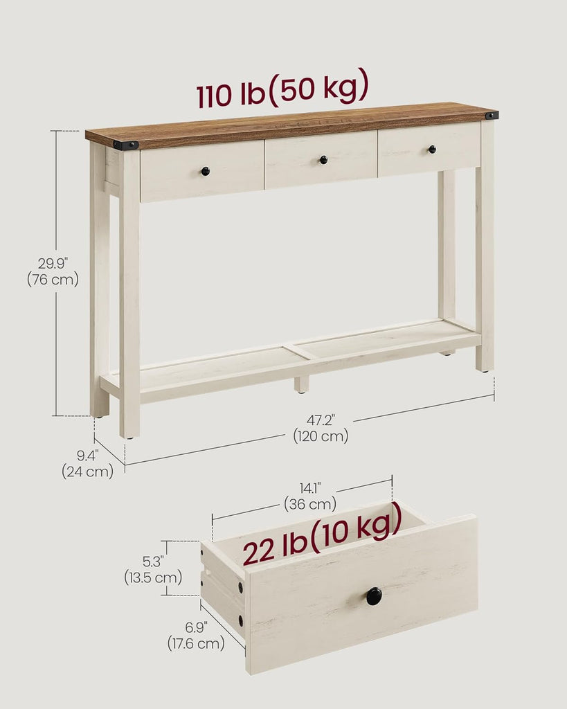 Console Sofa Table, Narrow Entryway Table with 3 Drawers, Open Storage Shelf, Metal Corners, , Farmhouse