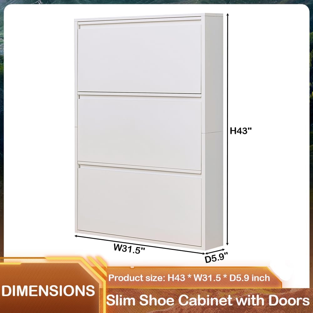 Shoe Storage Cabinet with 3 Flip Drawers, Hidden Slim Narrow Shoe Rack Cabinet, Wall Mount Metal Shoe Cabinet , White