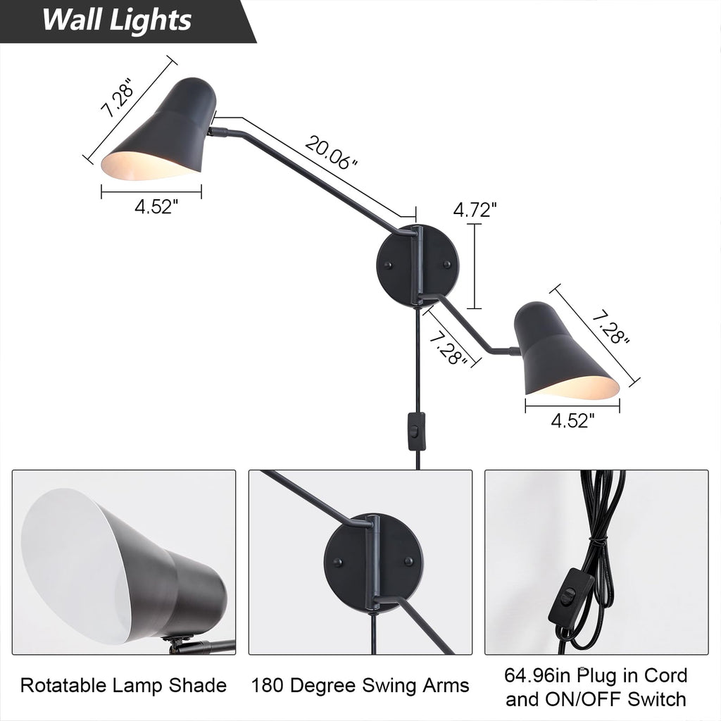 Modern 2-Lights Swing Arm Wall Sconces Black Plug in Wall Light 180° Rotatable Wall Mount Lamp with ON/Off Cord, E26