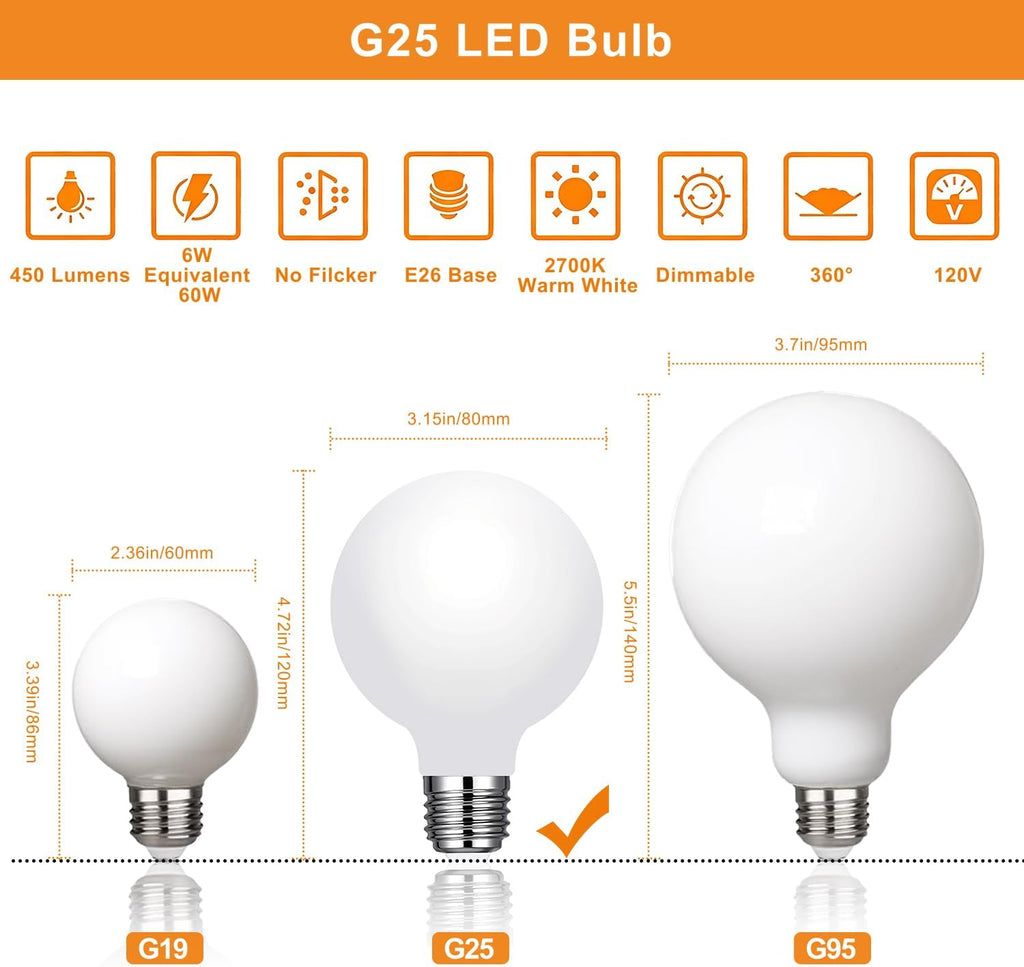 Glass LED G25 Globe Light Bulbs 60W Equivalent, G25 Dimmable 2700K Warm White Round Frosted Vanity Light Bulb for Bathroom Mirror and Chandelier, 4 Pack Milky Frosted G 25 E26 Bulb with 450LM