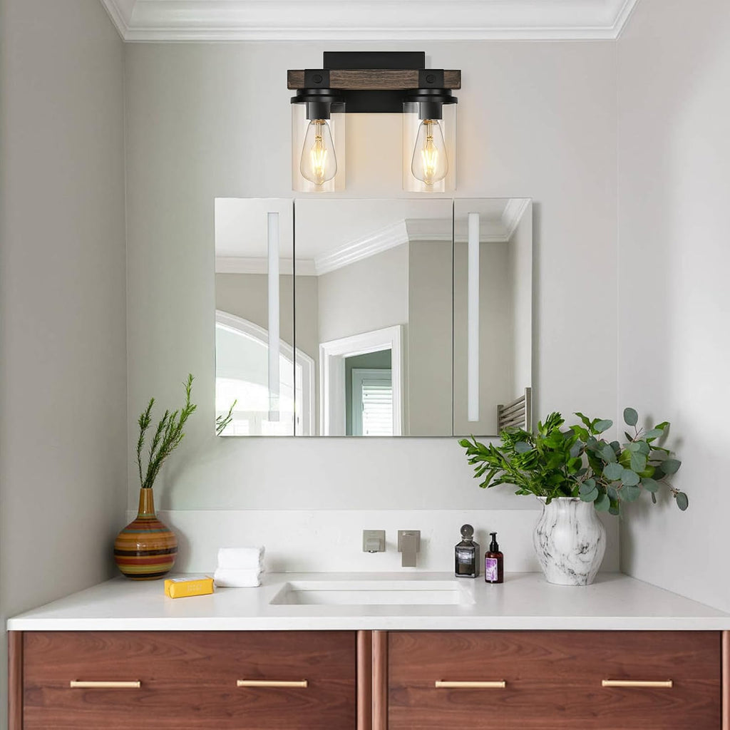 Farmhouse Bathroom Light Fixture Wood Black Vanity Lighting 2-Light | Wooden Wall Sconce Industrial Rustic Wall Light