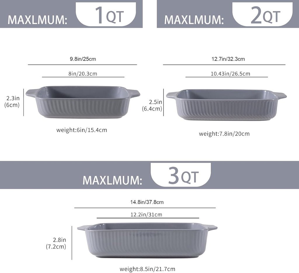 Ceramic Casserole Dishes for Oven Set of 3 Pcs Rectangular Bakeware Set with Handle for Steak Beef Pan Roast Chicken