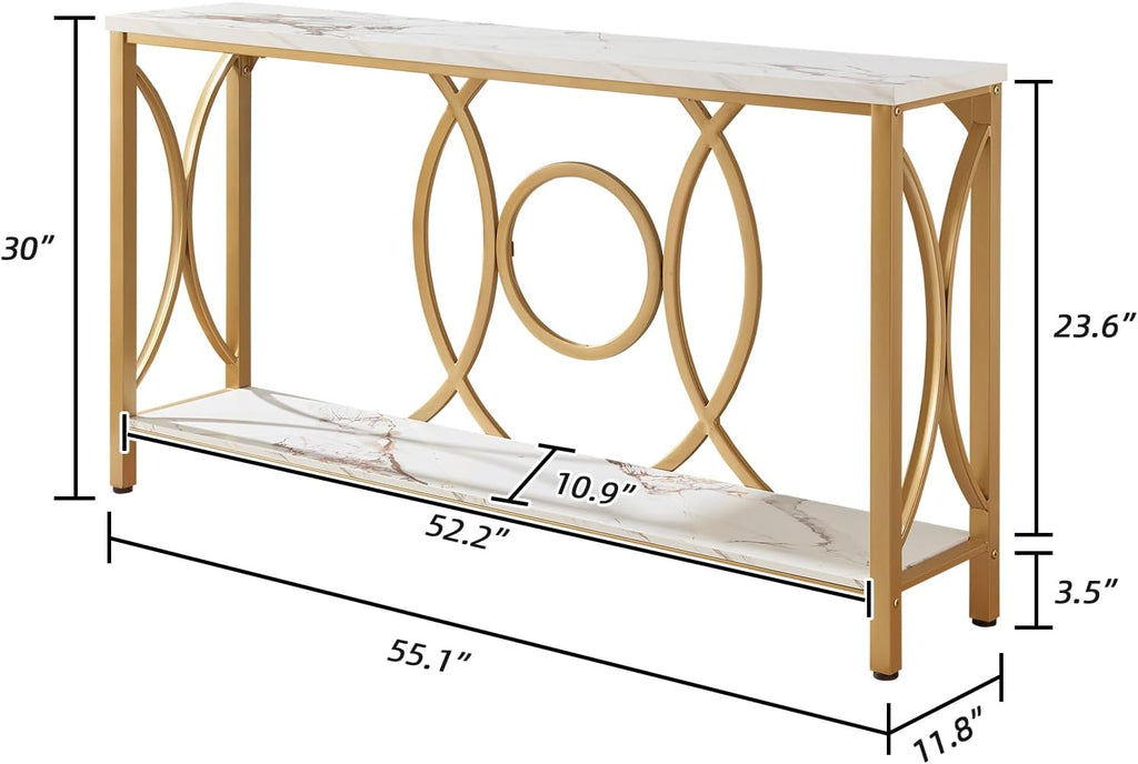 Sofa Console Table, Modern Gold Console Table with Faux Marbled Tabletop, Engineered Wood Entryway Tables with 2 Tier