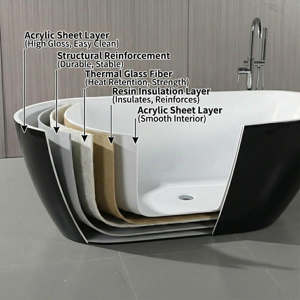 67" Deep Soaking Bathtub, Non-Slip Acrylic Tub with Chrome Drain, cUPC Certified, Ergonomic Modern Bath for Bathrooms