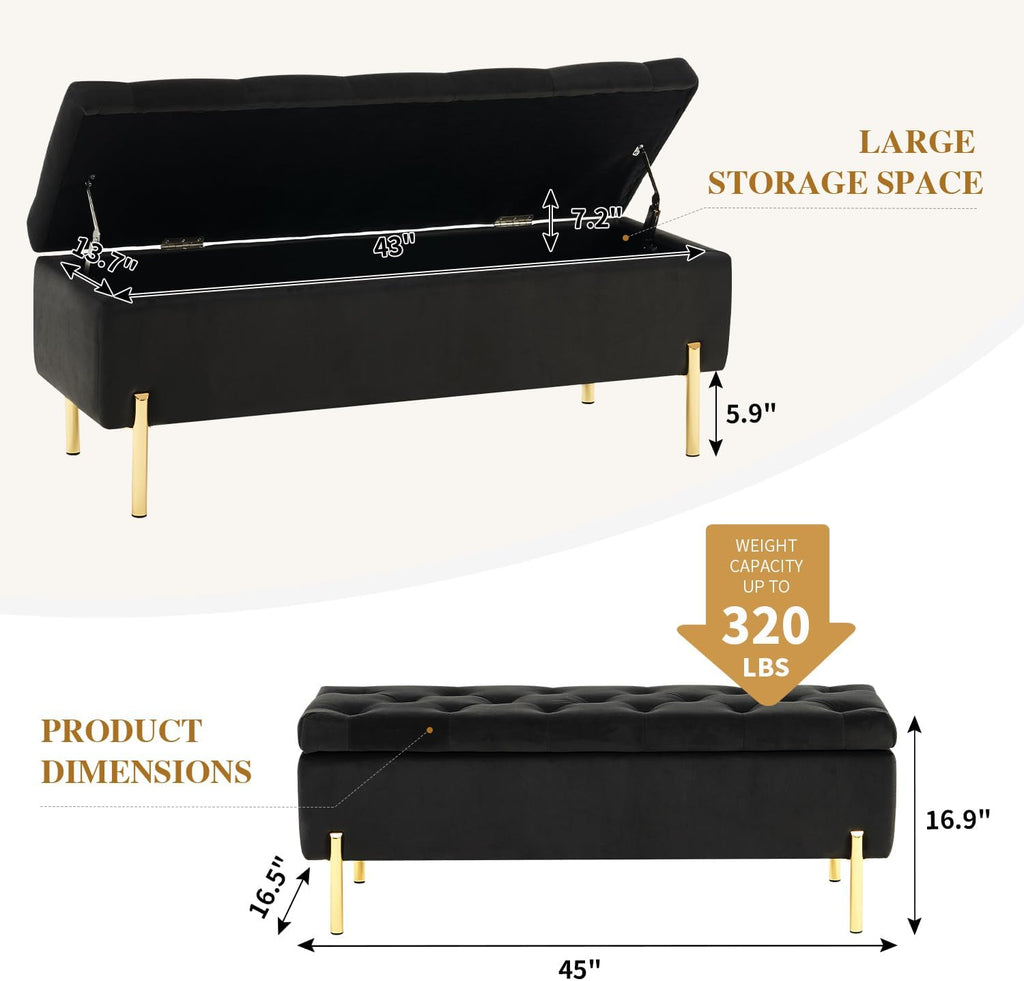 45.6 Inch Velvet Storage Bench Tufted Upholstered Ottoman Bench, Bedroom Bench with Storage, Living Room Entryway