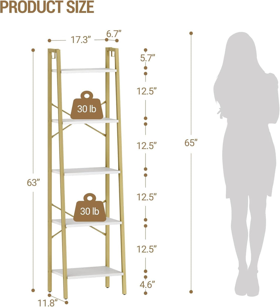 Ladder Shelf, Bookshelf Bookcase, Freestanding Corner Storage Shelve with 2 Hooks, Industrial