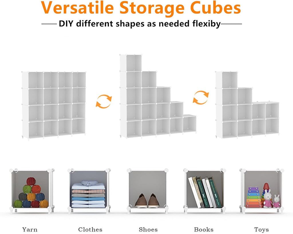 Cube Storage Organizer, 16 Cube Closet Organizer, White | Stackable Storage Cube Shelves, DIY Portable Closet Clothes