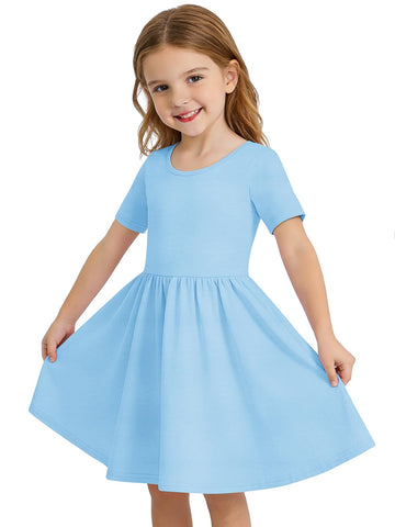 Toddler Baby Girl Short Sleeve Dress Kids Summer A-Line Twirly Skater T-Shirt Dresses with Pockets - Blue