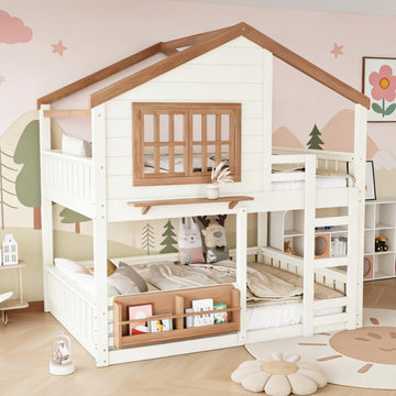 Bunk Bed Full Over Full with Ladder, House Bunk Beds with Bookshelf and Window for Kids, Teens, Beige & Natural