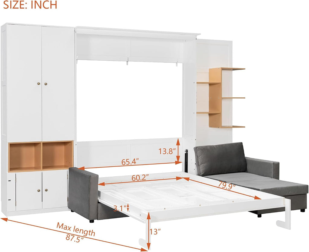 Queen Murphy Bed with Large Sofa, Storage Shelves & Cabinets, Modern Space-Saving Wall Bed with Dual Lights, White+Gray