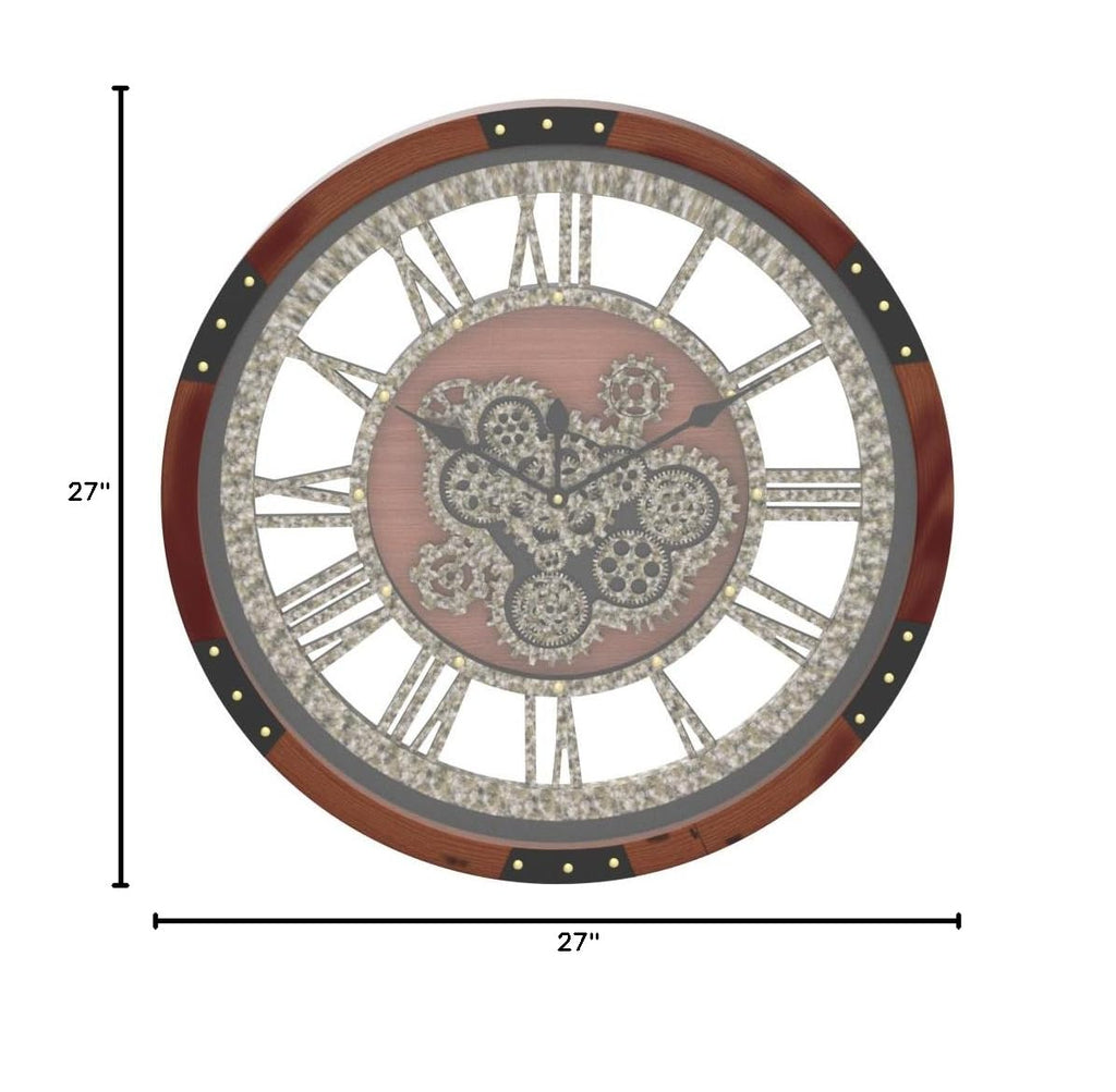 27" Original Moving Gears Wall Clock, Large Industrial Wall Clock Decor, Retro Metal Wood Vintage Farmhouse Steampunk