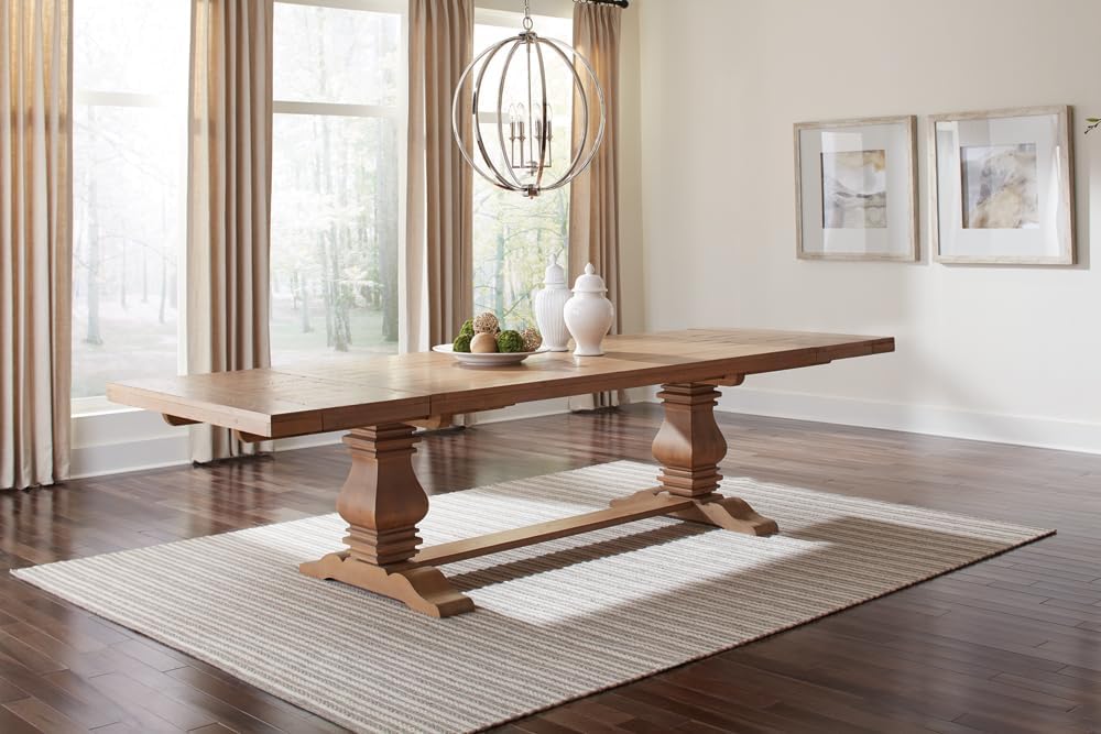 Florence - Pine Wood - Farmhouse Rectangular Dining Table with 2 Removable Leaves and Double Pedestal Base - Dining