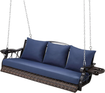 3-Person Wicker Porch Swing Chair Heavy Duty 900 LBS Outdoor Rattan Patio Swing Chair w/Cup-Holder & Steel Chains