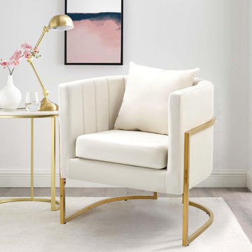 Velvet Accent Chair, Modern Barrel Arm Chair /Bedroom/Guest Reception, Upholstered Club Armchair with Pillow & Gold