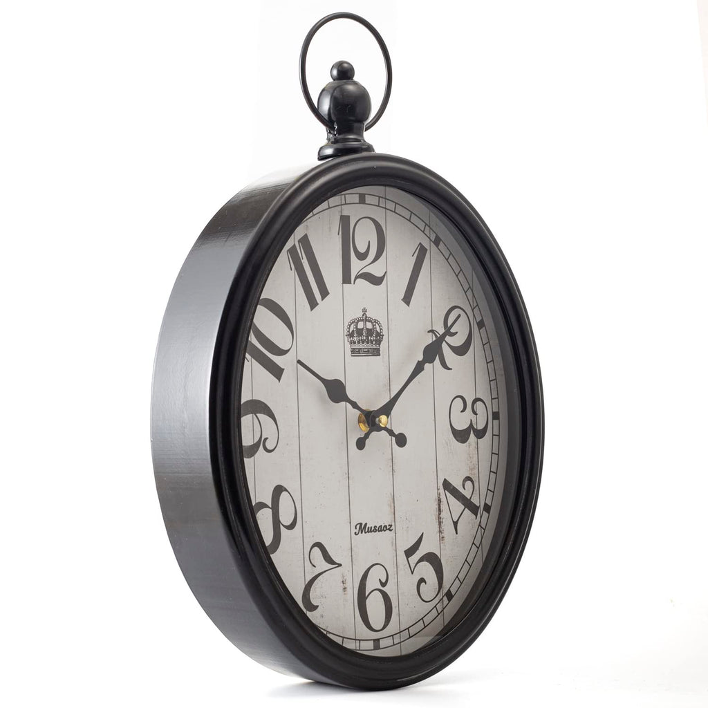 Oval Large Wall Clock Silent Non-Ticking Metal Battery Operated Retro Antique Design Rustic Vintage Style Decor