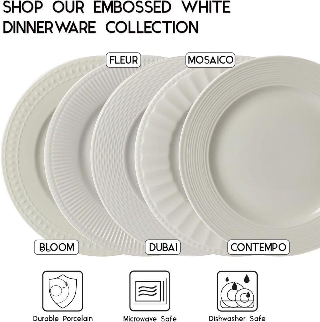 Tabletops Gallery Embossed White Porcelain Round Dinnerware - Bloom 12 Piece Dinnerware Set