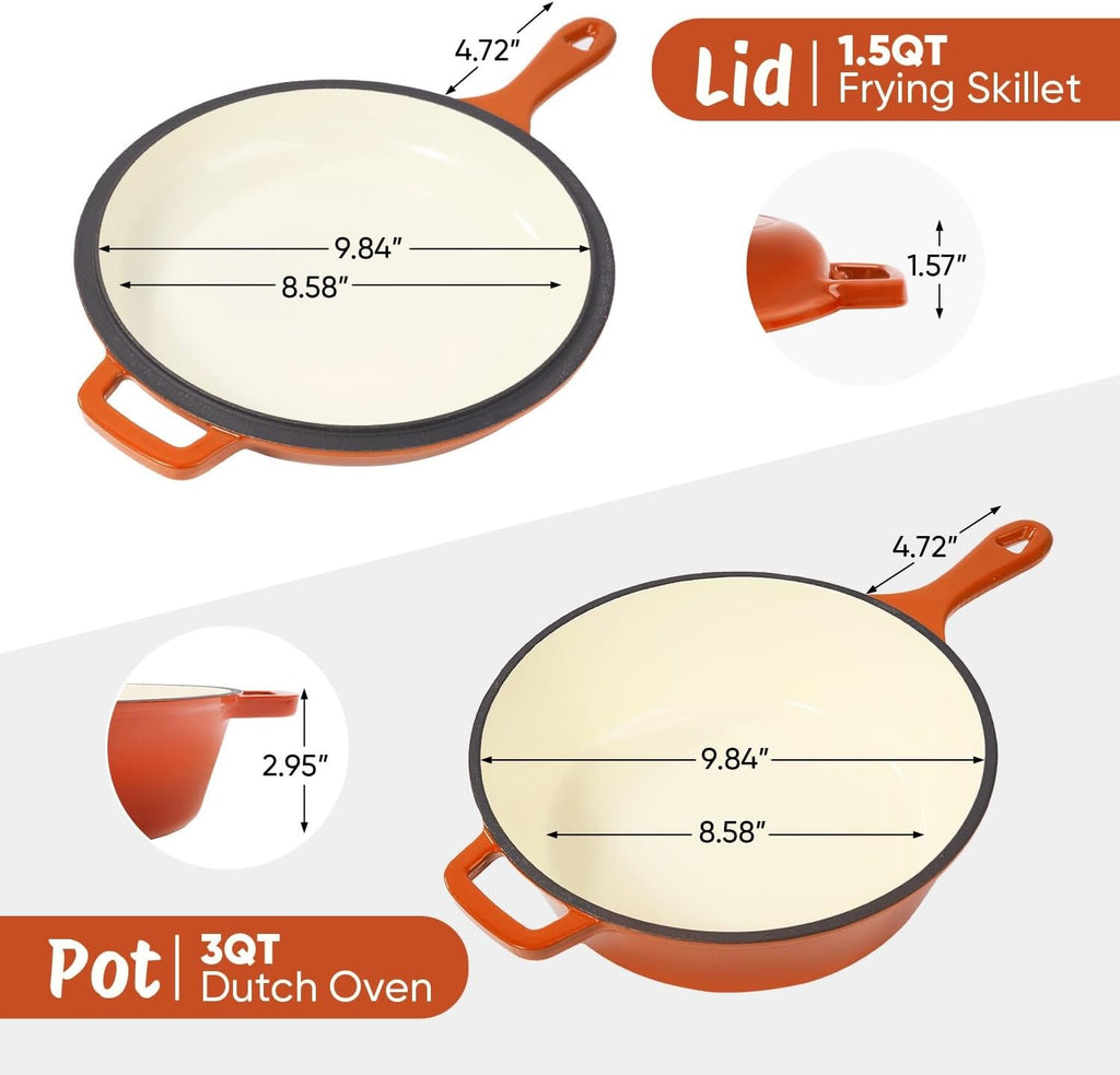 2 in 1 Dutch Oven & Skillet Combo, 3QT Enameled Cast Iron Dutch Oven Pot with 1.5QT Skillet Lid, Versatile Pots for