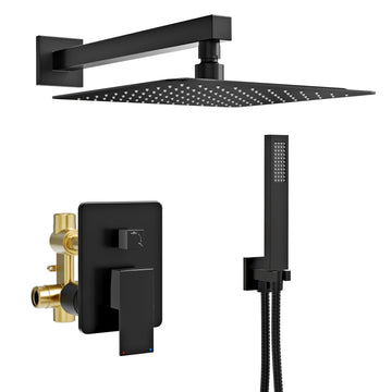Black Shower System, Wall Mounted Shower Faucet Set with Valve, 10-Inch Rainfall Shower Head with Handheld Combo