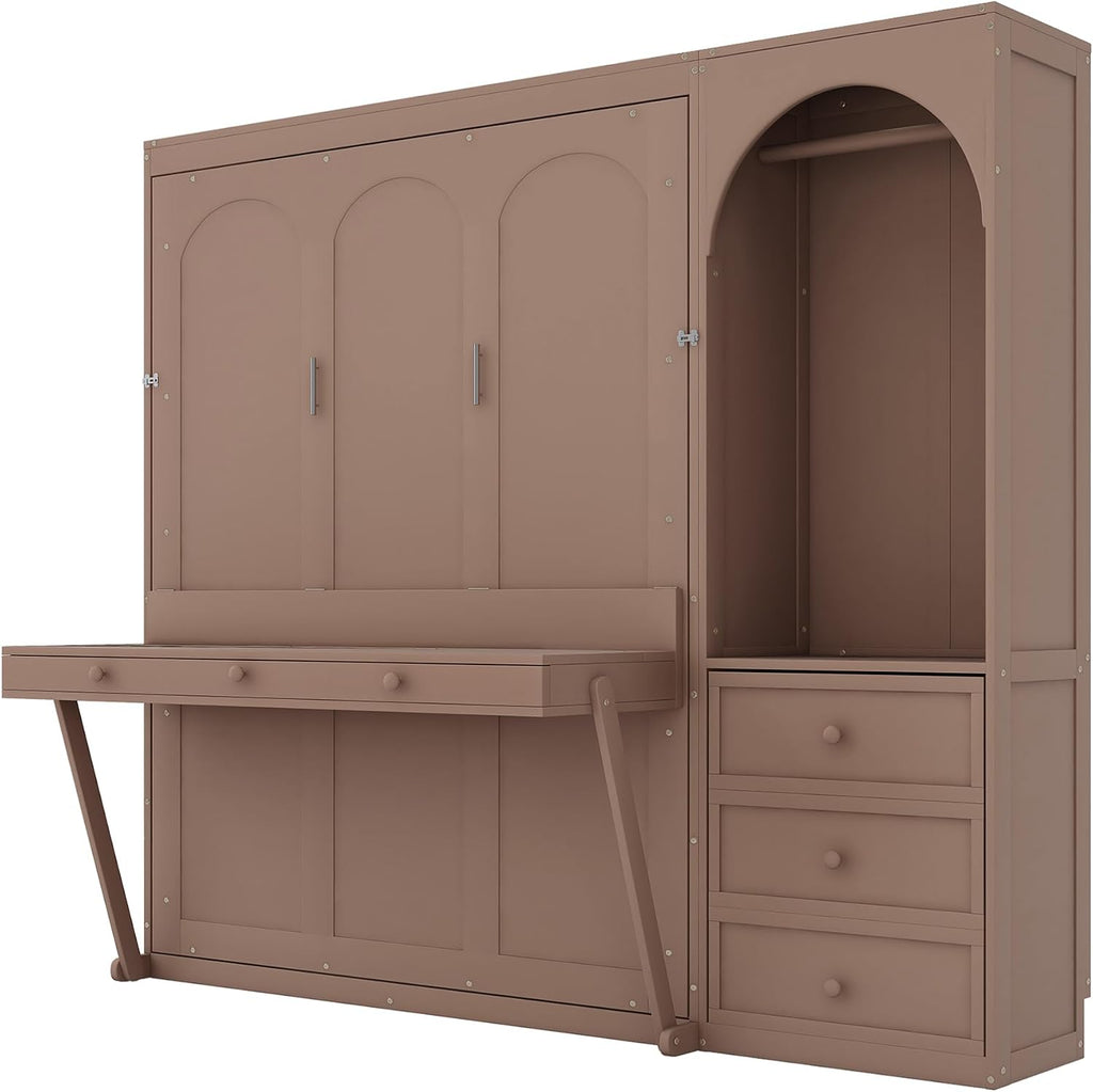 Queen Vertical Murphy Bed with Built-in Led Lighting Wardrobe & Clothes Rod On Side,Drawers & Folding Down Desk with