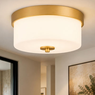 11 Inch Brushed Gold Flush Mount Ceiling Light Fixture, 2-Light Fixtures Ceiling Mount with Milk Glass Shades