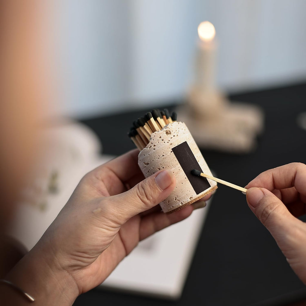 Match Holder with Striker Handmade Travertine Box Matches in a jar - Set of 2