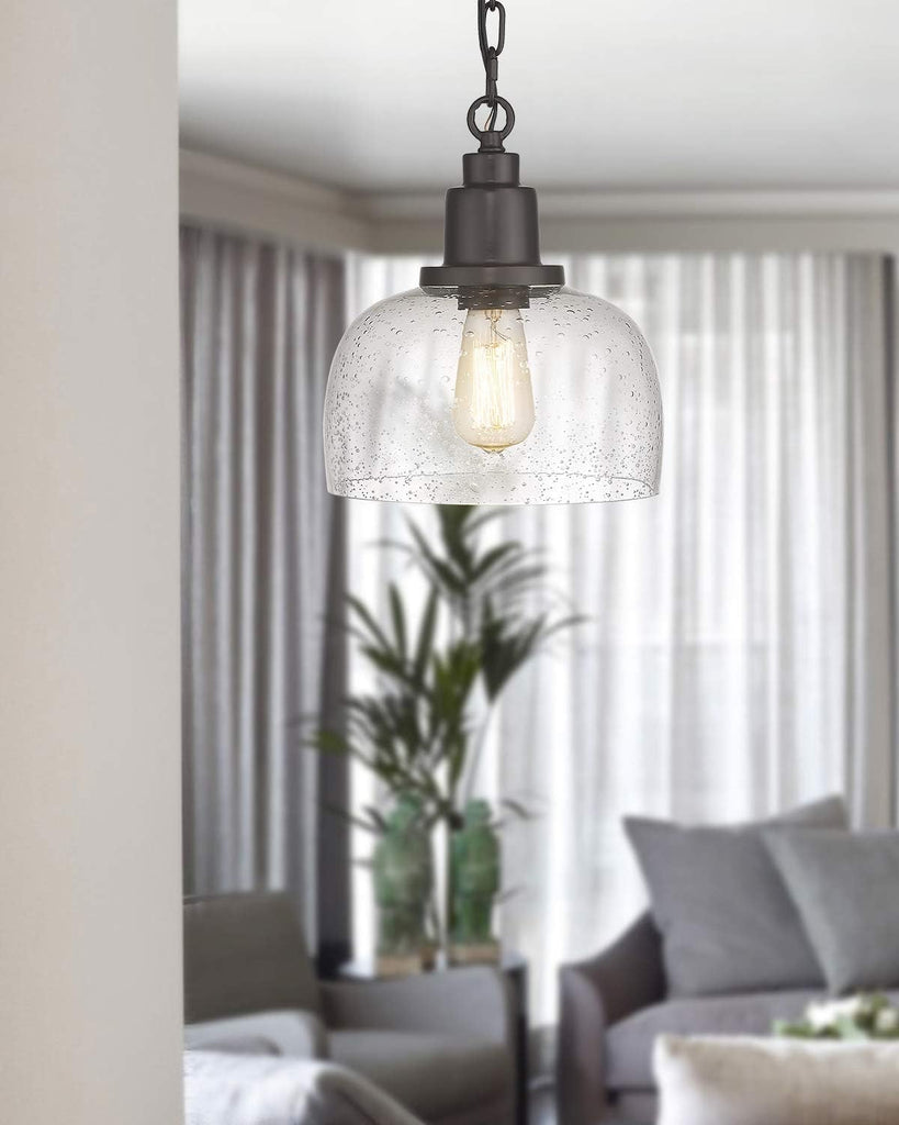 1-Pack Farmhouse Pendant Light, 1-Light Industrial Hanging Light Fixture with 9.3" Round Seeded Glass Shade, Dark