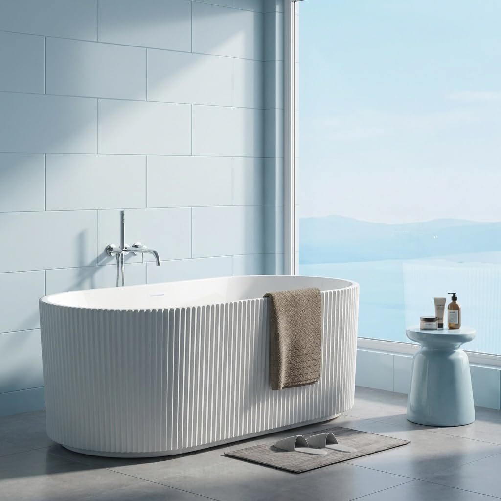 67 Inch Acrylic Freestanding Bathtub with Textured Stripes, Deep Soak Tub, Space-Saving, Glossy Surface, Luxury Spa
