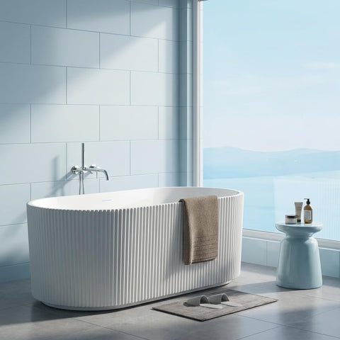 67 Inch Acrylic Freestanding Bathtub with Textured Stripes, Deep Soak Tub, Space-Saving, Glossy Surface, Luxury Spa