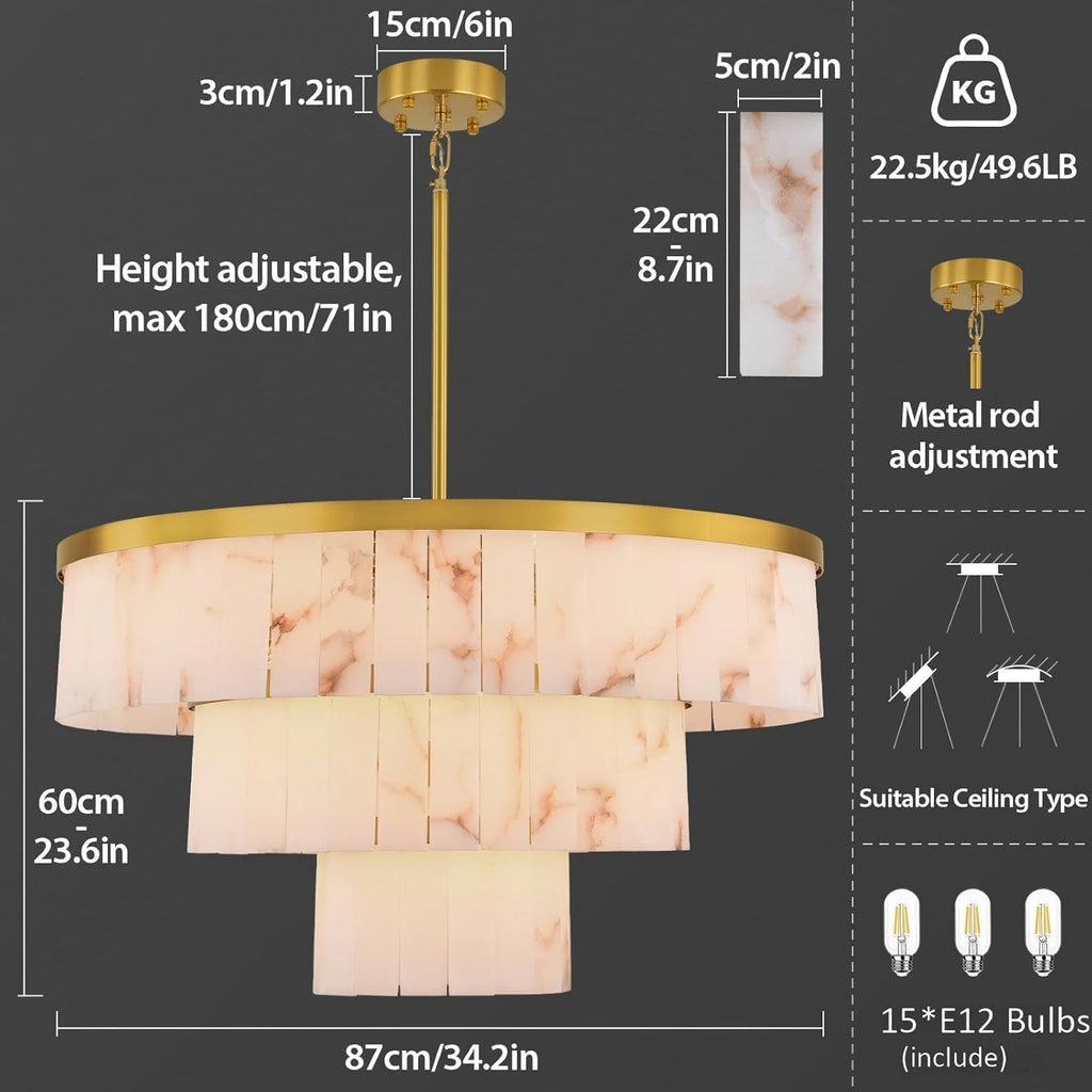 D34in Alabaster Round Chandelier, 3 Tiers Modern Marble Dining Room Chandeliers, Spanish Natural Alabaster Chandeliers, Alabaster Pendant Light Fixture, for Bedroom Entryway Foyer, Living Room