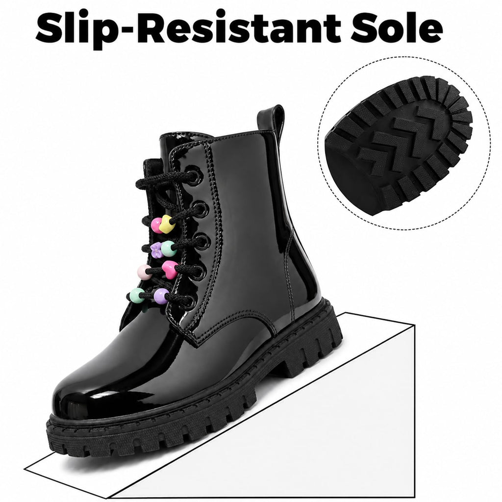 Combat Boots for Girls Lace Up Side Zipper Ankle Boots, Black, 3