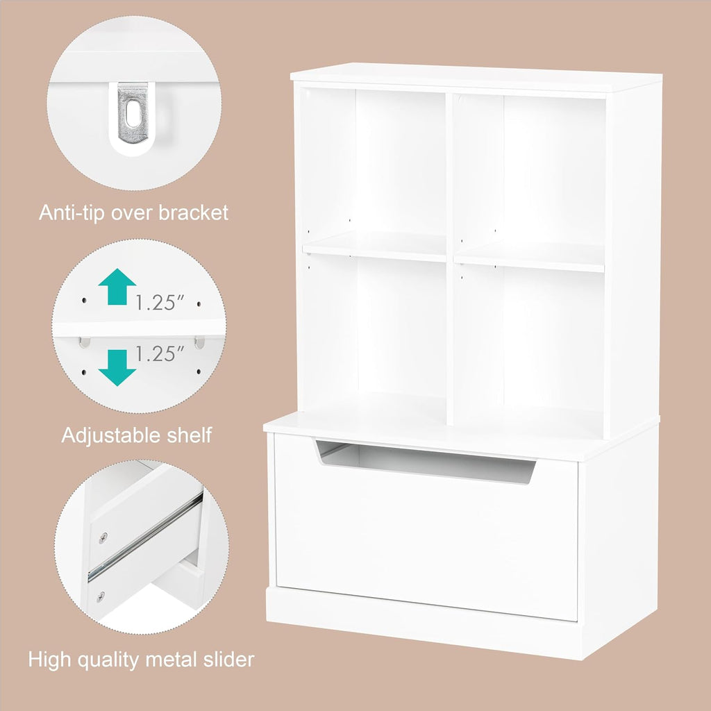 Kids Bookshelf and Toy Storage Organizer, Toddler Bookcase with Cubby | Adjustable Wood Shelf, Full-Width Drawer