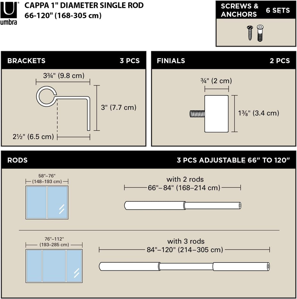 Cappa Curtain Rod, Includes 2 Matching Finials, Brackets & Hardware, 66 to 120-Inches, Gold