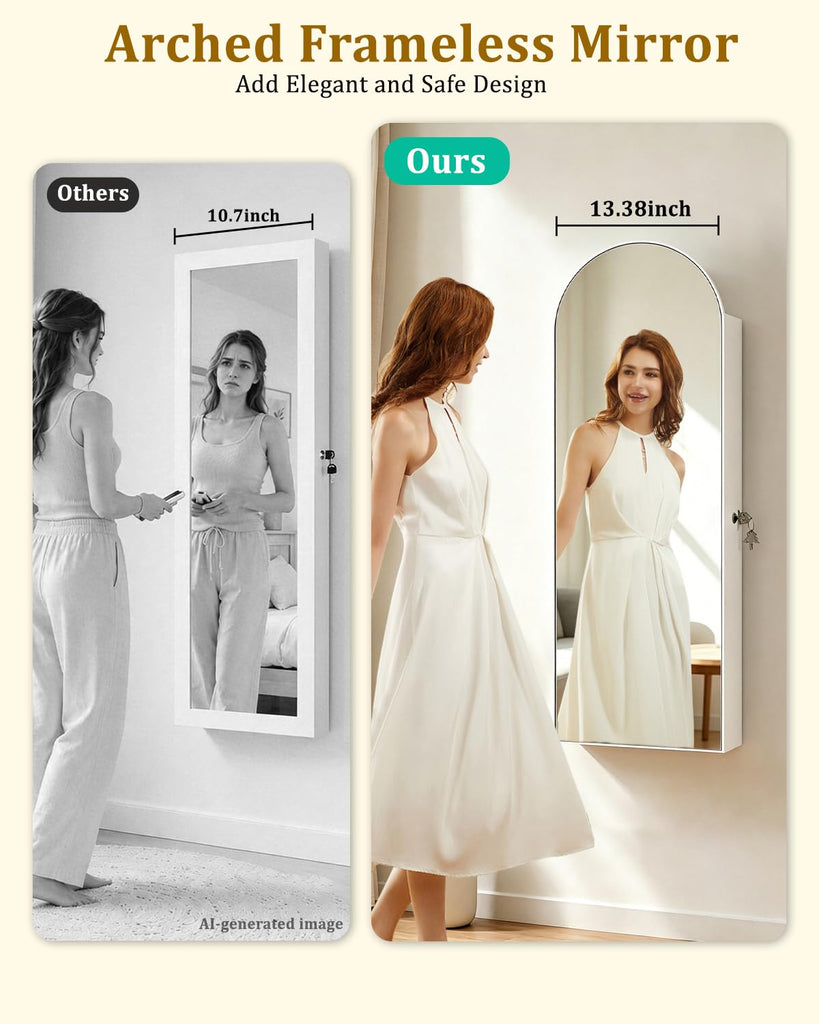 Arched Mirror Jewelry Cabinet, Over the Door or Wall Mounted, White