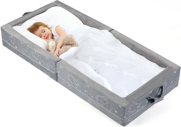 Portable Toddler Travel Bed - Foldable Soft Foam Floor Crib, Gery | Portable Toddler Floor Bed with Washable Cover