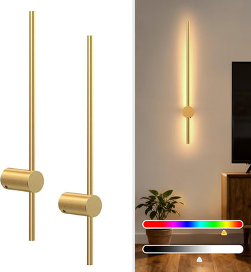 24 Inch Battery Operated Wall Sconce Set of 2,Gold Minimalist Rechargeable LED Wall Lights with Remote, 10 Colors
