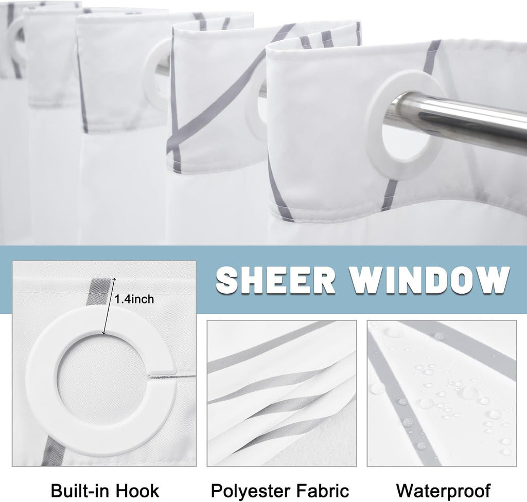 No Hook Grey White Striped Shower Curtain with Snap in Fabric Liner Set - Hotel Liner Set with See Through Mesh Top