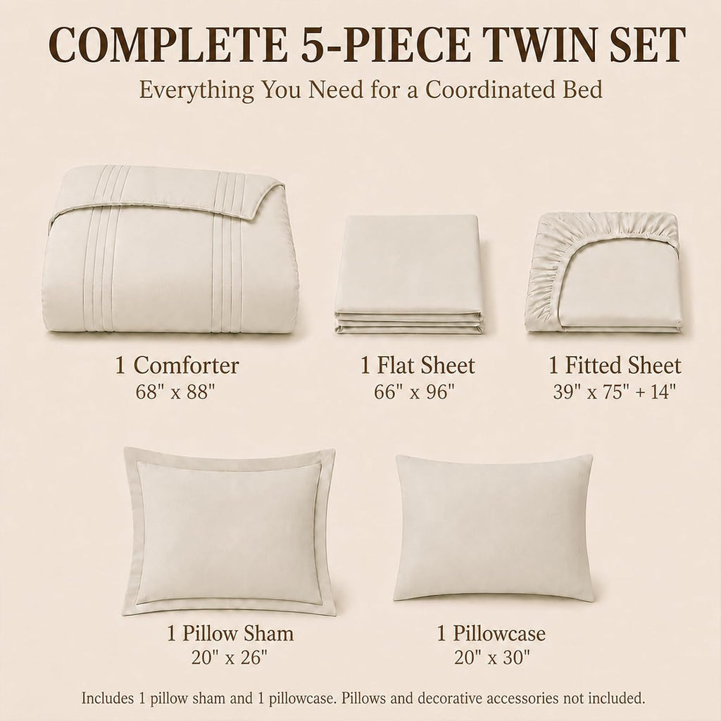 Queen Comforter Set Beige - 7 Pieces Vertical Quilted Bed in a Bag - Set of 7