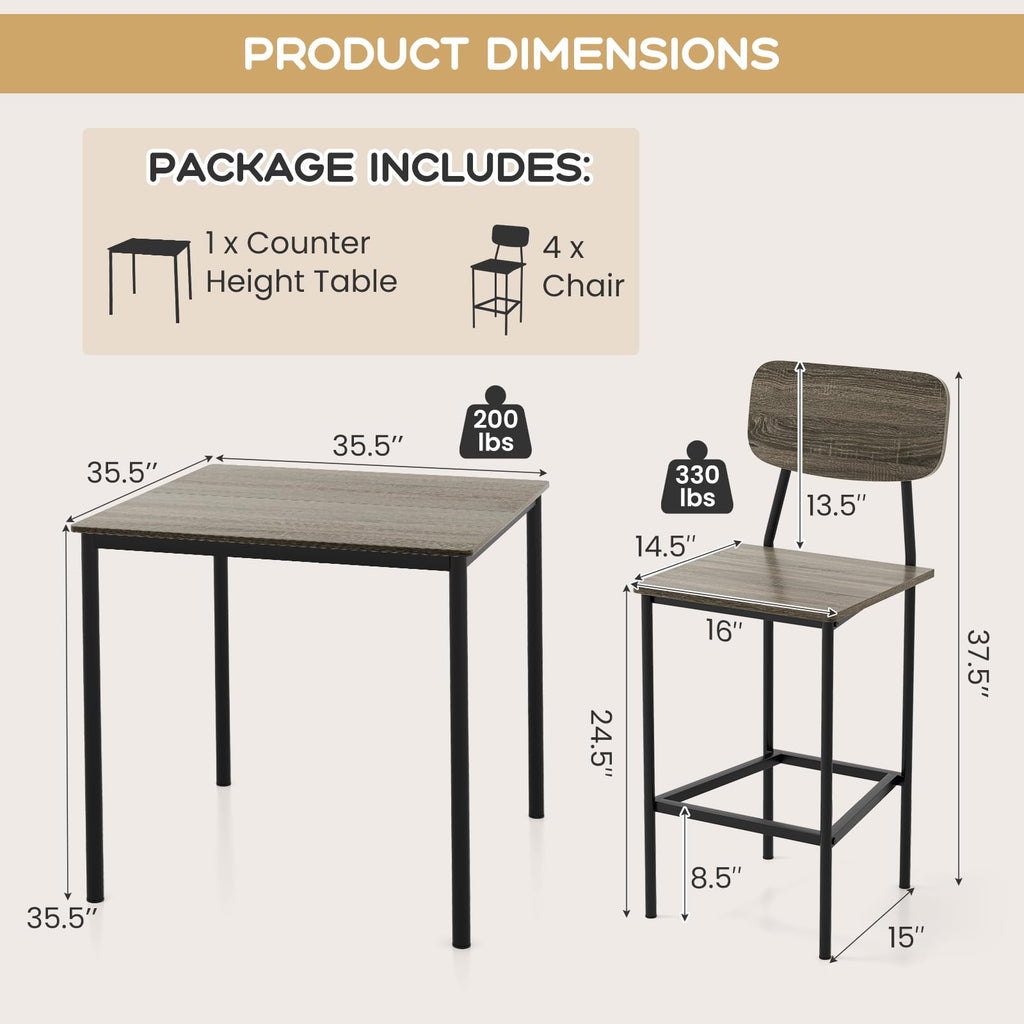 5-Piece Dining Table Set W/Counter Height Table & 4 Bar Stools, Modern Kitchen Dining Set W/Footrest & Backrest