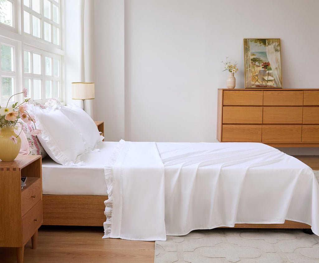 White Cotton Percale Ruffled Bed Sheet Set Sheets 4Pcs