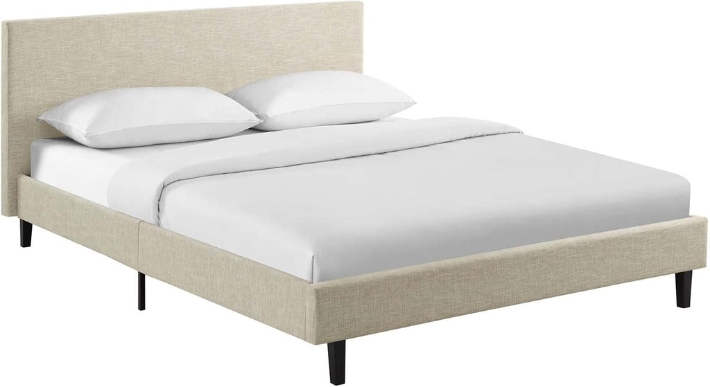 Anya Upholstered Beige Platform Bed with Wood Slat Support in Queen