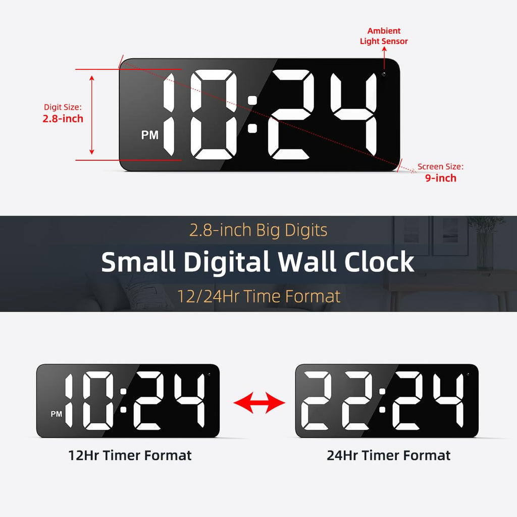 LED Digital Wall Clock with Large Display, Big Digits, Auto-Dimming, 12/24Hr Format, Modern Electric Small Silent