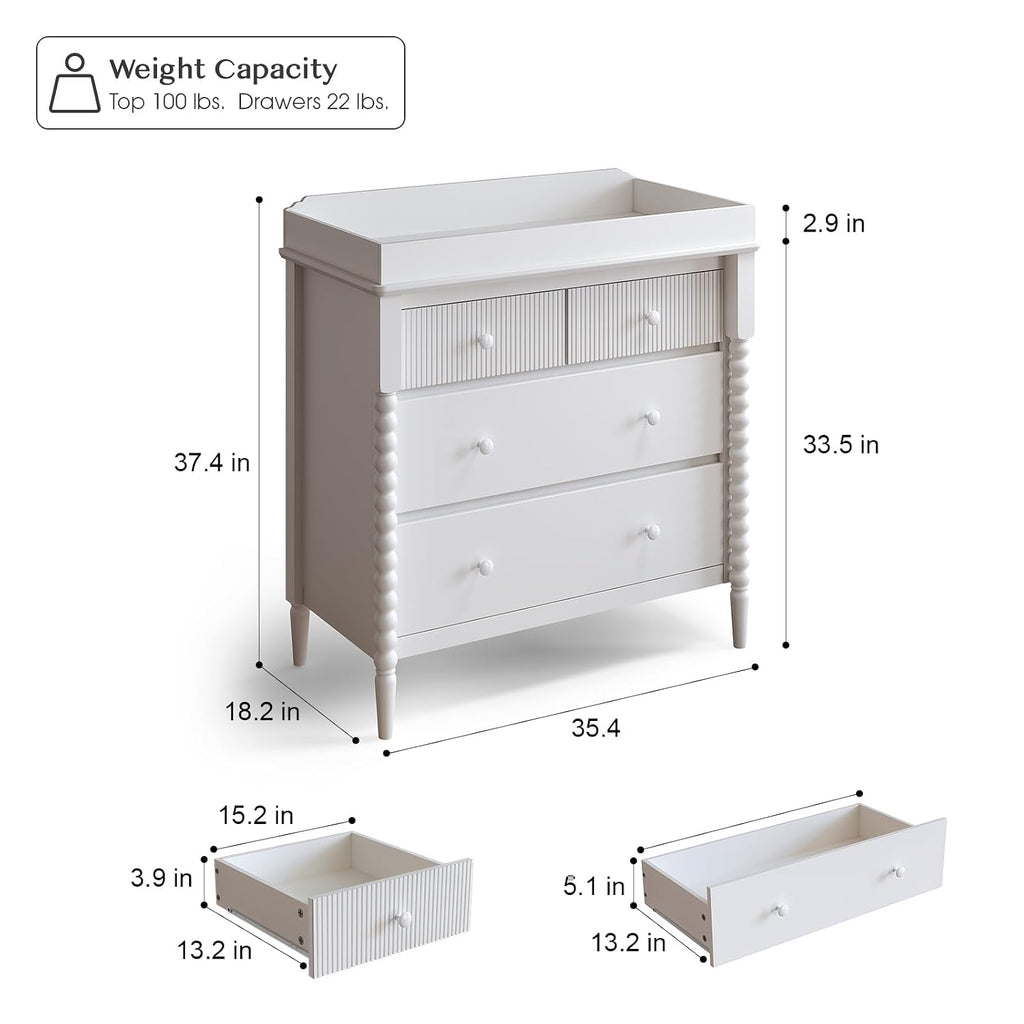 White Nursery Dresser with Changing Table, 4 Drawers for Storage | Jenny Lind Spindle Style Dresser and Removable