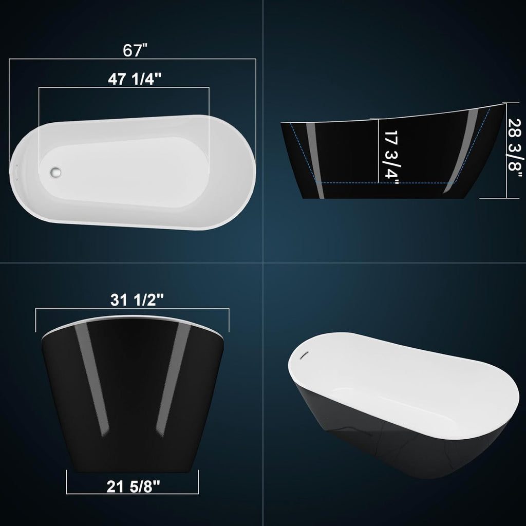 67" Acrylic Freestanding Bathtub, Black Exterior White Interior, Acrylic Stand Alone Tub with Chrome Drain, Spa Bath