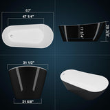 67" Acrylic Freestanding Bathtub, Black Exterior White Interior, Acrylic Stand Alone Tub with Chrome Drain, Spa Bath