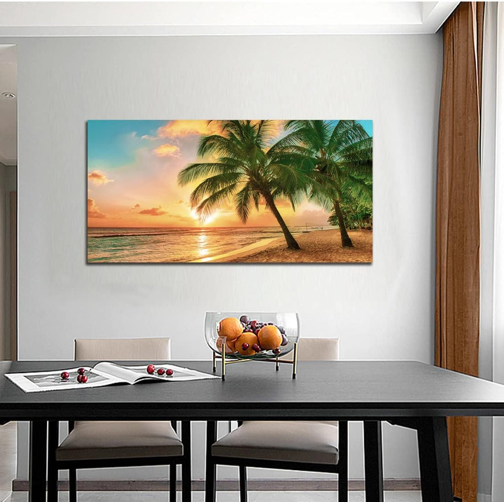 Beach Wall Art Ocean Canvas Wall Decor Tropical Palm Tree Picture for Wall Coastal Painting Gold Sunset Art Print