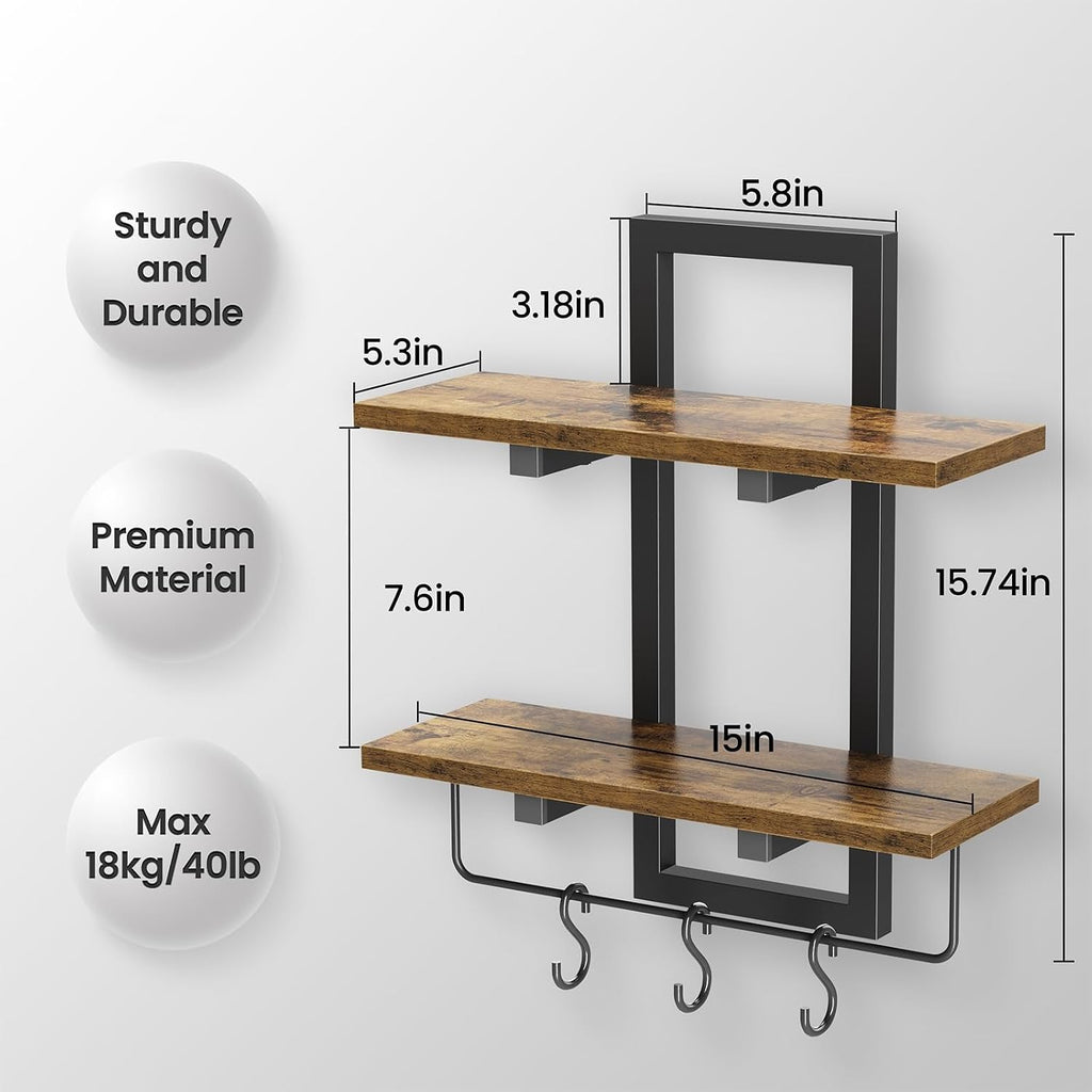Floating Shelves for Wall Set of 2, Wood Wall Shelf with 6 Hooks, 2 Tier Hanging Decorative Storage Shelves Bedroom