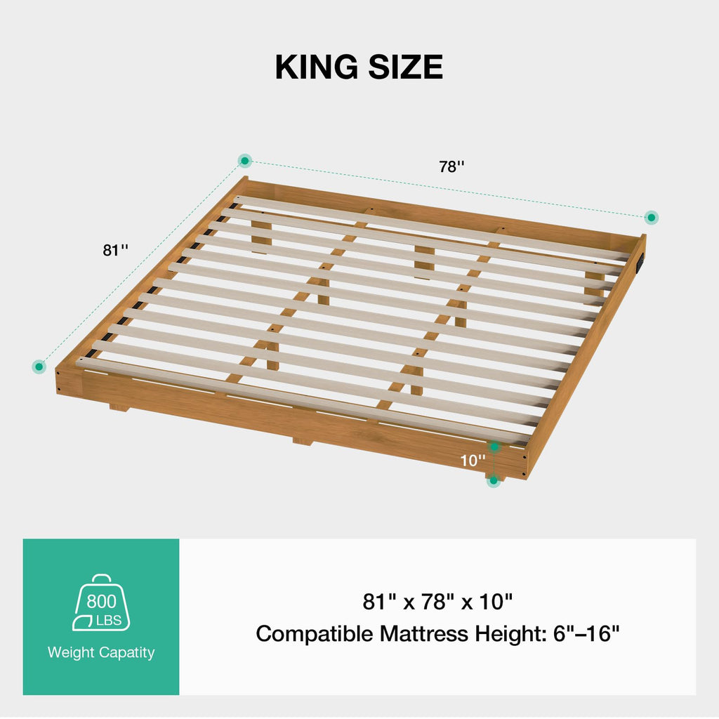 Floating Solid Wood King Size Bed Frame with Motion Sensor LED Light & Charging Station, Heavy Duty Platform Bed